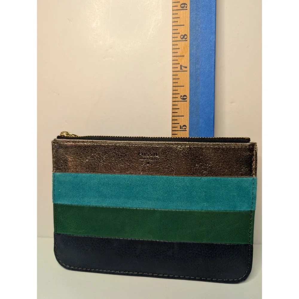 Fossil Striped Mixed‎ Leather Zip Pouch Clutch Navy Teal Green Metallic